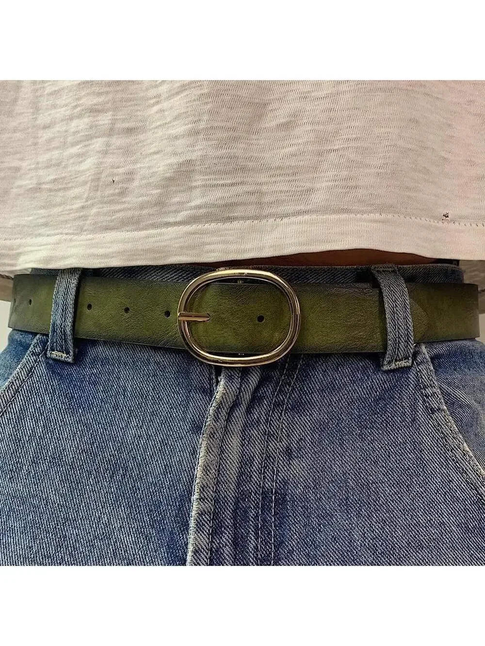 Faded Green leather belt with Gold oval belt buckle. Very cool unique belt. Y2k